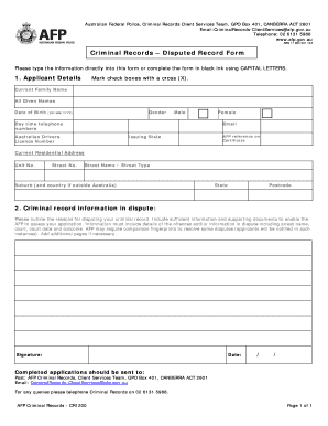Australian Federal Police Criminal Records Disputed Record Form