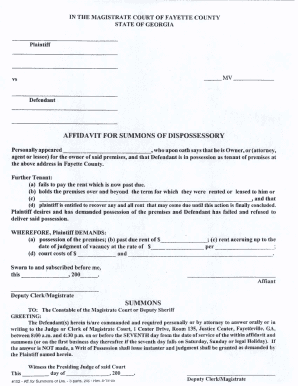 Georgia Affidavit for Summons of Dispossessory