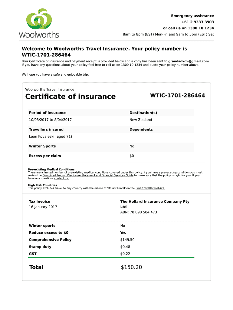 travel insurance woolworths credit card