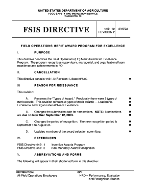 Fillable Online fsis usda FIELD OPERATIONS MERIT AWARD PROGRAM FOR ...