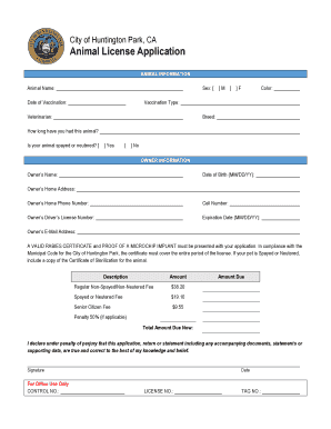 Huntington Park Animal License Application