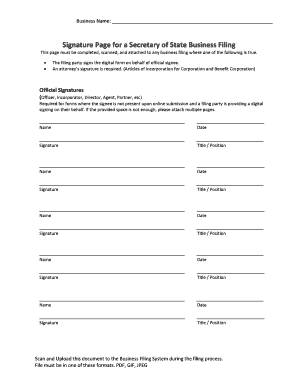 Secretary of State Business Filing Signature Page