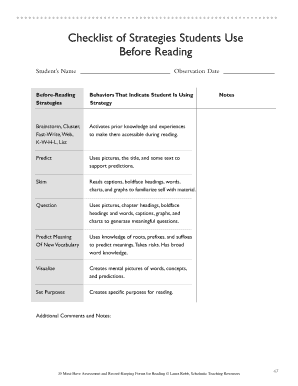 Checklist of Strategies Students Use Before Reading