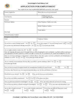 application for employment - Greenhalghs Bakery
