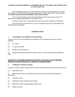 Cuba Travel Certification Form