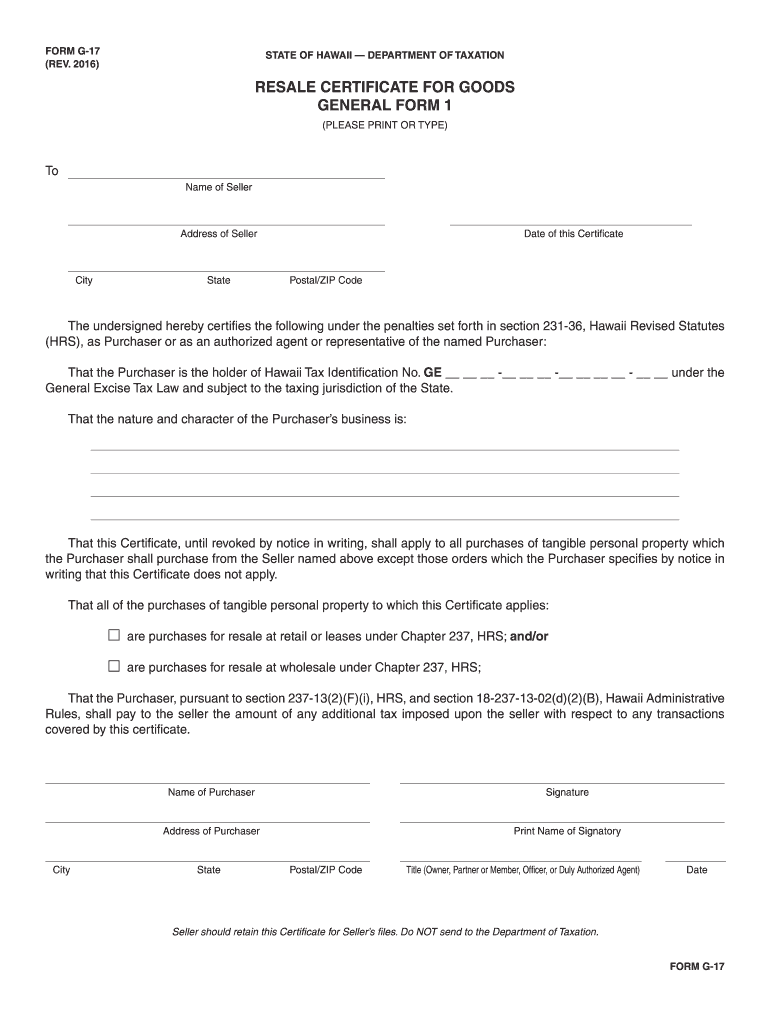 state of hawaii resale certificate g 17 Preview on Page 1