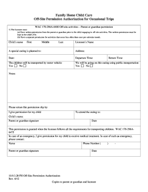 Family Home Child Care Off-Site Permission Authorization