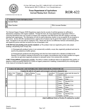 Texas Seed and Planting Stock Disclosure Form ROR-622
