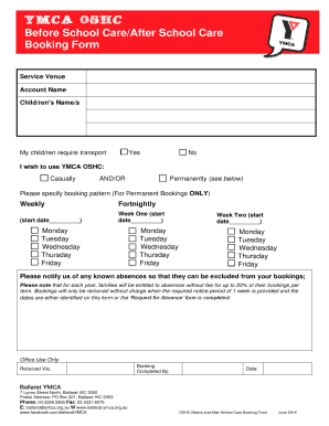YMCA OSHC Before and After School Care Booking Form