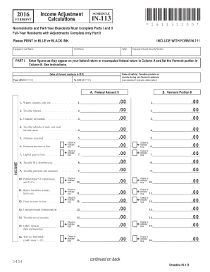 Vermont Income Adjustment Schedule IN-113