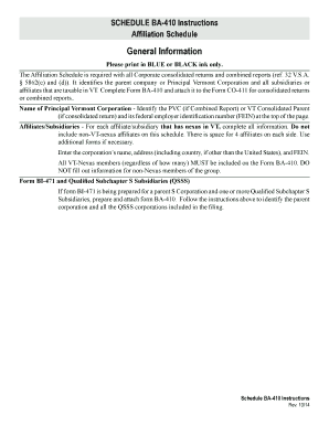 Vermont Affiliation Schedule BA-410