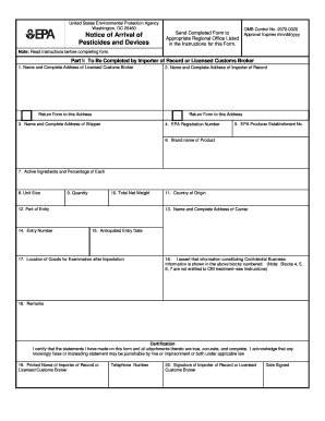 EPA Form 3540-1 Notice of Arrival of Pesticides and Devices