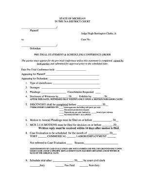Michigan Pre-Trial Statement & Scheduling Conference Order
