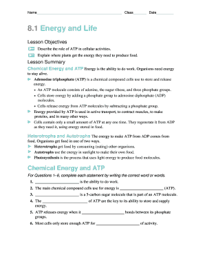 ATP and Energy Lesson Worksheet
