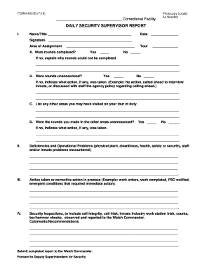 Correctional Facility Daily Security Supervisor Report