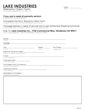 Lake Industries Warranty Claim Form
