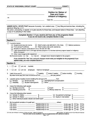 Wisconsin Petition for Waiver of Fees and Costs