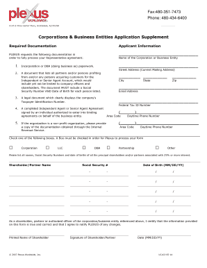 Corporations & Business Entities Application Supplement