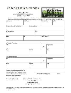 Alabama Treasure Forest Association License Plate Request