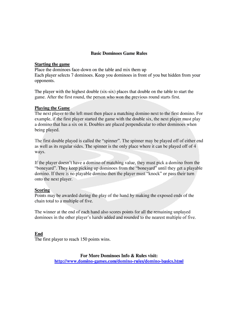 Fillable Online sfsu Basic Dominoes Game Rules Starting the game Place