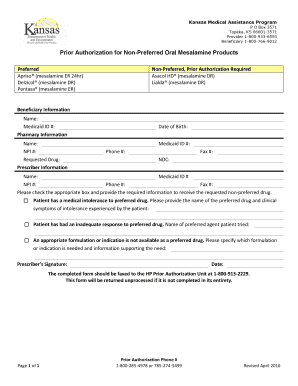 Kansas Prior Authorization for Non-Preferred Oral Mesalamine