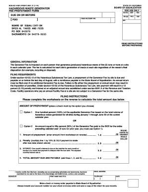 California Hazardous Waste Generator Fee Prepayment Form