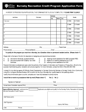 Burnaby Recreation Credit Program Application Form