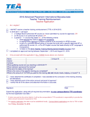 2016 Teacher Training Reimbursement Application