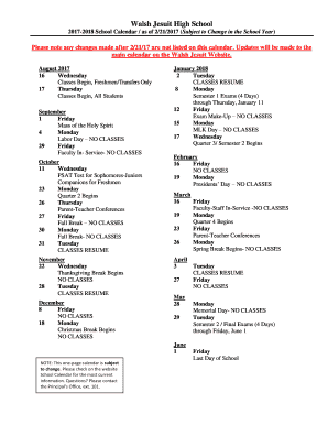 2017-2018 School Calendar / as of 2/21/2017 (Subject to Change in the School Year)