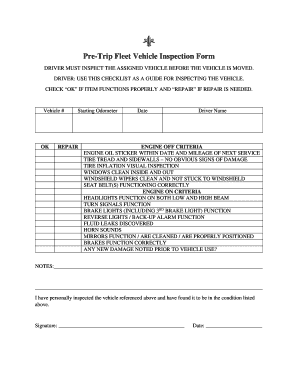 Pre-Trip Fleet Vehicle Inspection Form