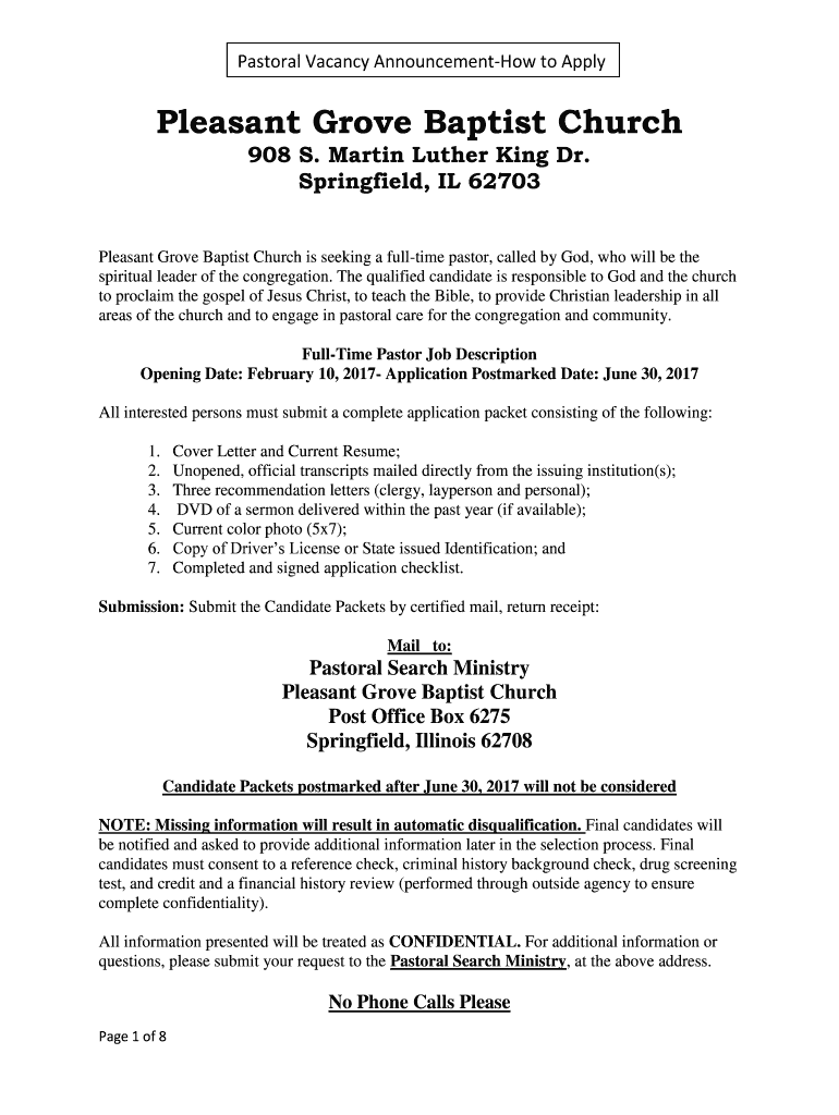 Fillable Online Pastoral Vacancy AnnouncementHow to Apply Fax Email