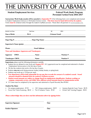 Federal Work Study Program Personnel Action Form