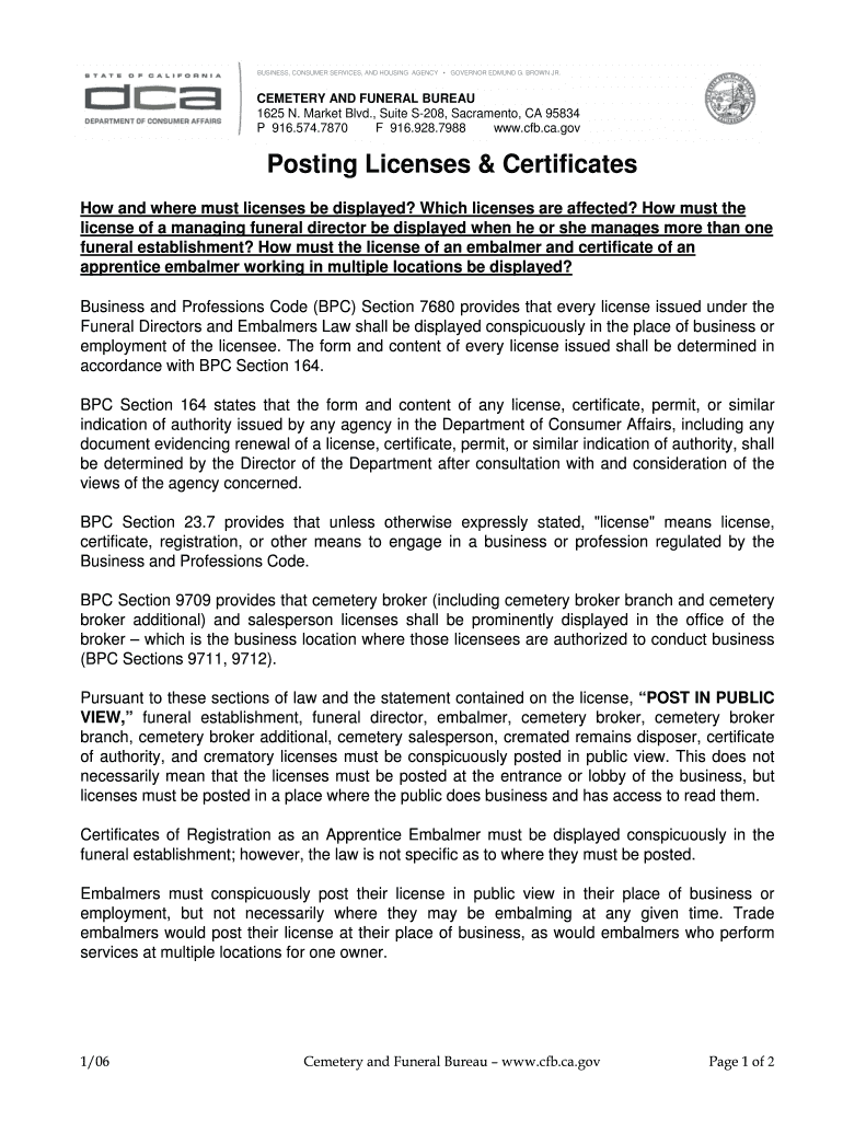 Fillable Online cfb ca Cemetery and Funeral Bureau Posting Licenses