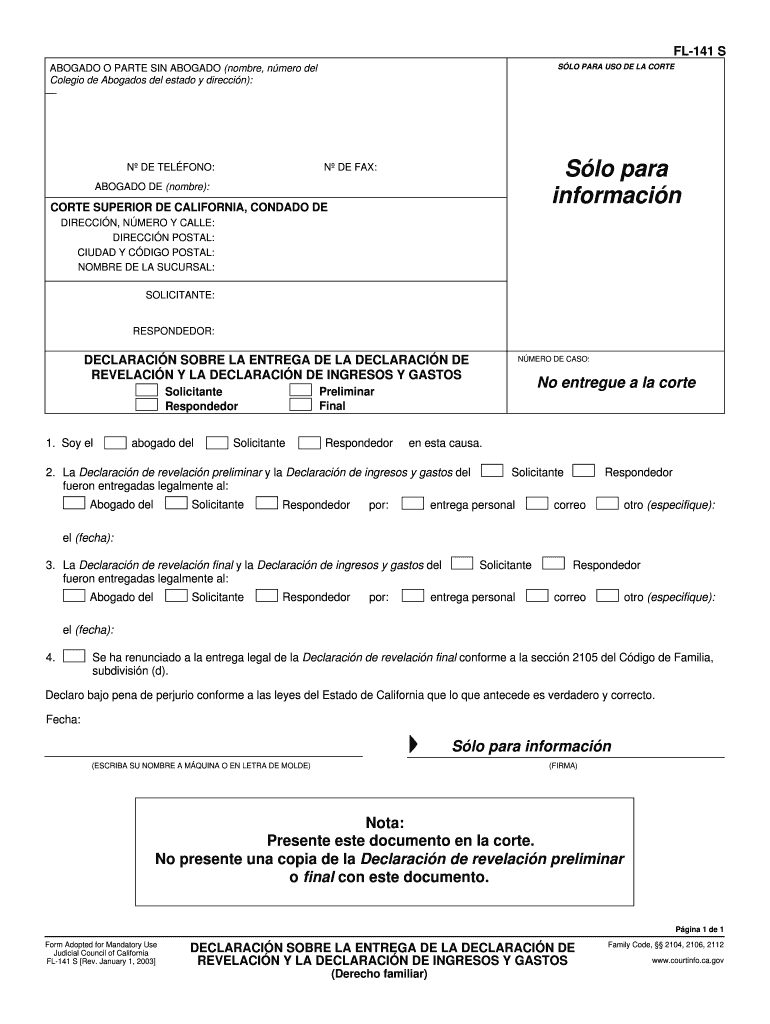 Fillable Online courts ca Fillable FL141 en espa ol Fax Email Print