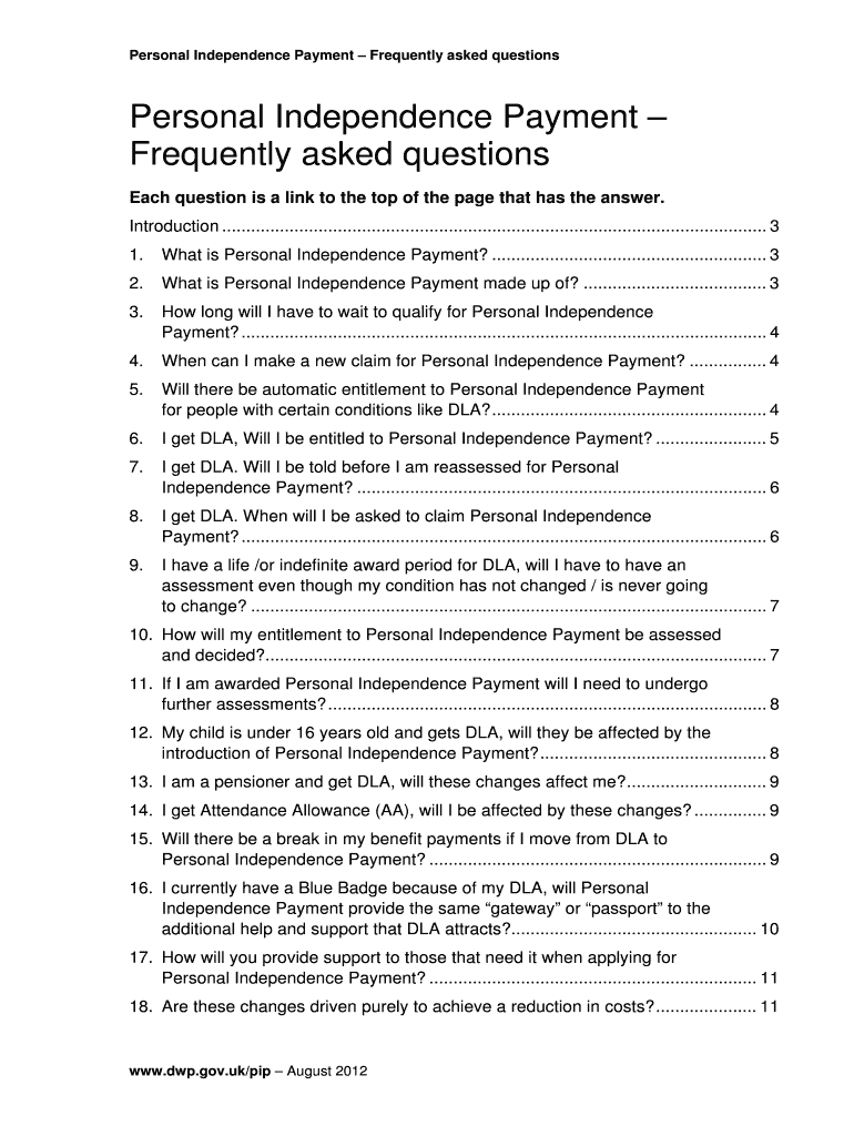 Fillable Online Personal Independence Payment Frequently asked