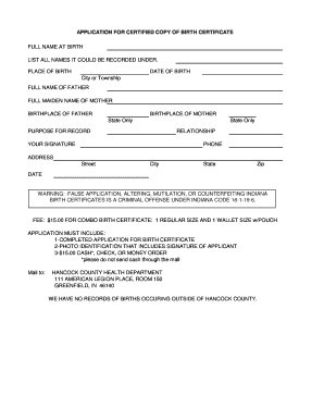 Fillable Online Birth Certificate Application - Hancock County Indiana