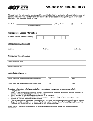 Authorization for Transponder Pick-Up
