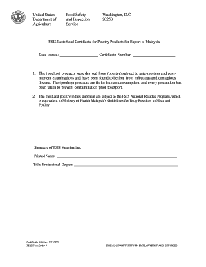 FSIS Letterhead Certificate for Poultry Products for Export to Malaysia - fsis usda