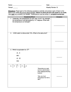 Weekly Math Review Form
