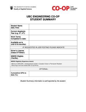 UBC Engineering Co-op Student Summary Form
