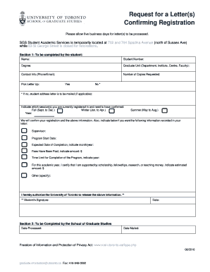 University of Toronto Registration Confirmation Letter Request