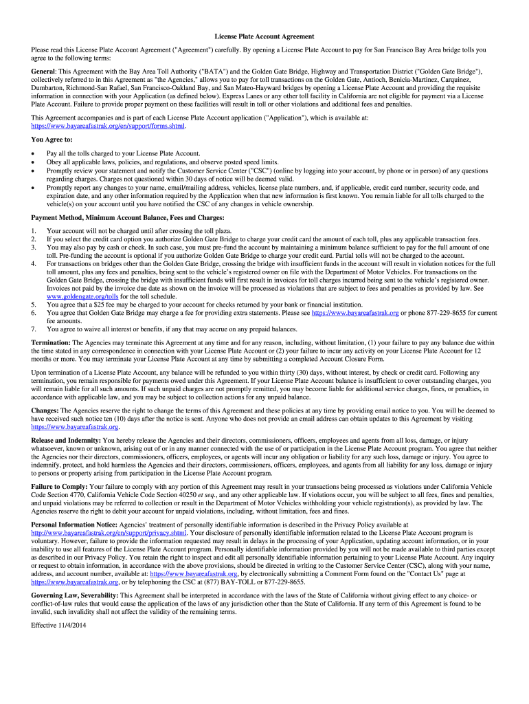 Fillable Online bayareafastrak License Plate Account Agreement 1pg