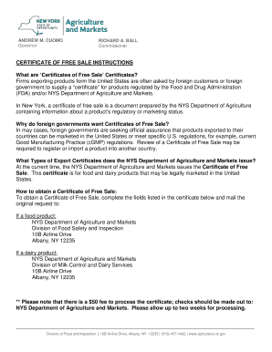 Certificate of Free Sale for Food and Dairy Products
