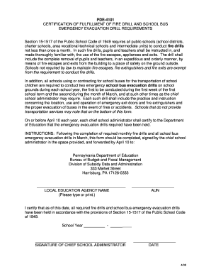 PDE-4101 Fire Drill and School Bus Evacuation Certification
