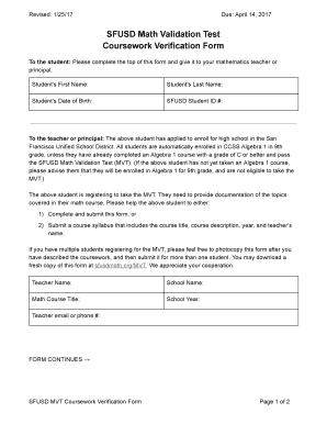 SFUSD Math Validation Test Coursework Verification Form