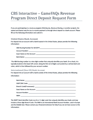 CBS Interactive GameFAQs Revenue Direct Deposit Request Form