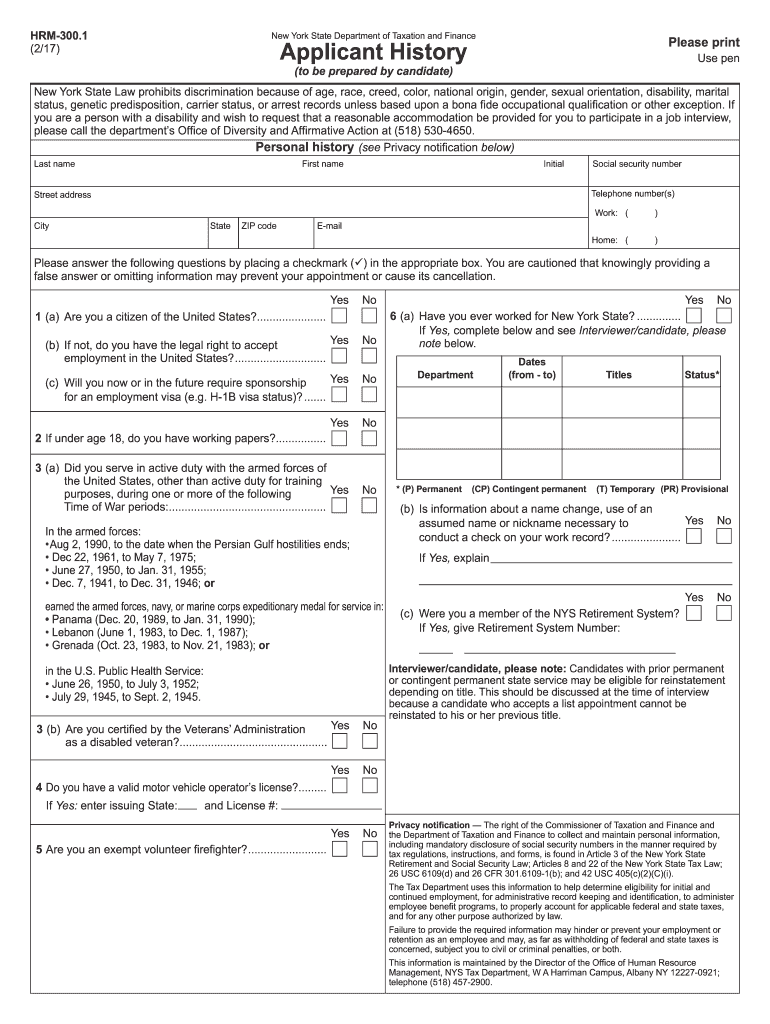 Form HRM-300.1, Applicant History - tax ny Preview on Page 1