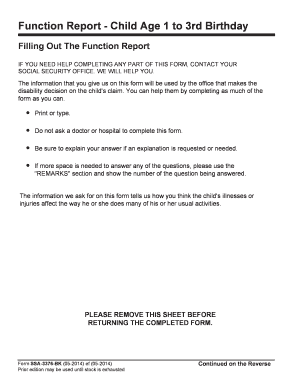 Function Report - Child Age 1 to 3rd Birthday. Use this form to complete a function report for a child age 1 to their 3rd birthday. - reginfo