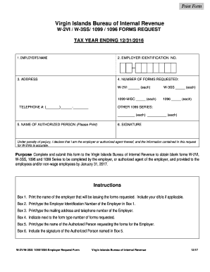 Virgin Islands W-2VI/W-3SS/1099/1096 Forms Request