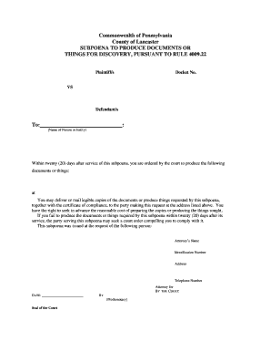 Pennsylvania Subpoena to Produce Documents